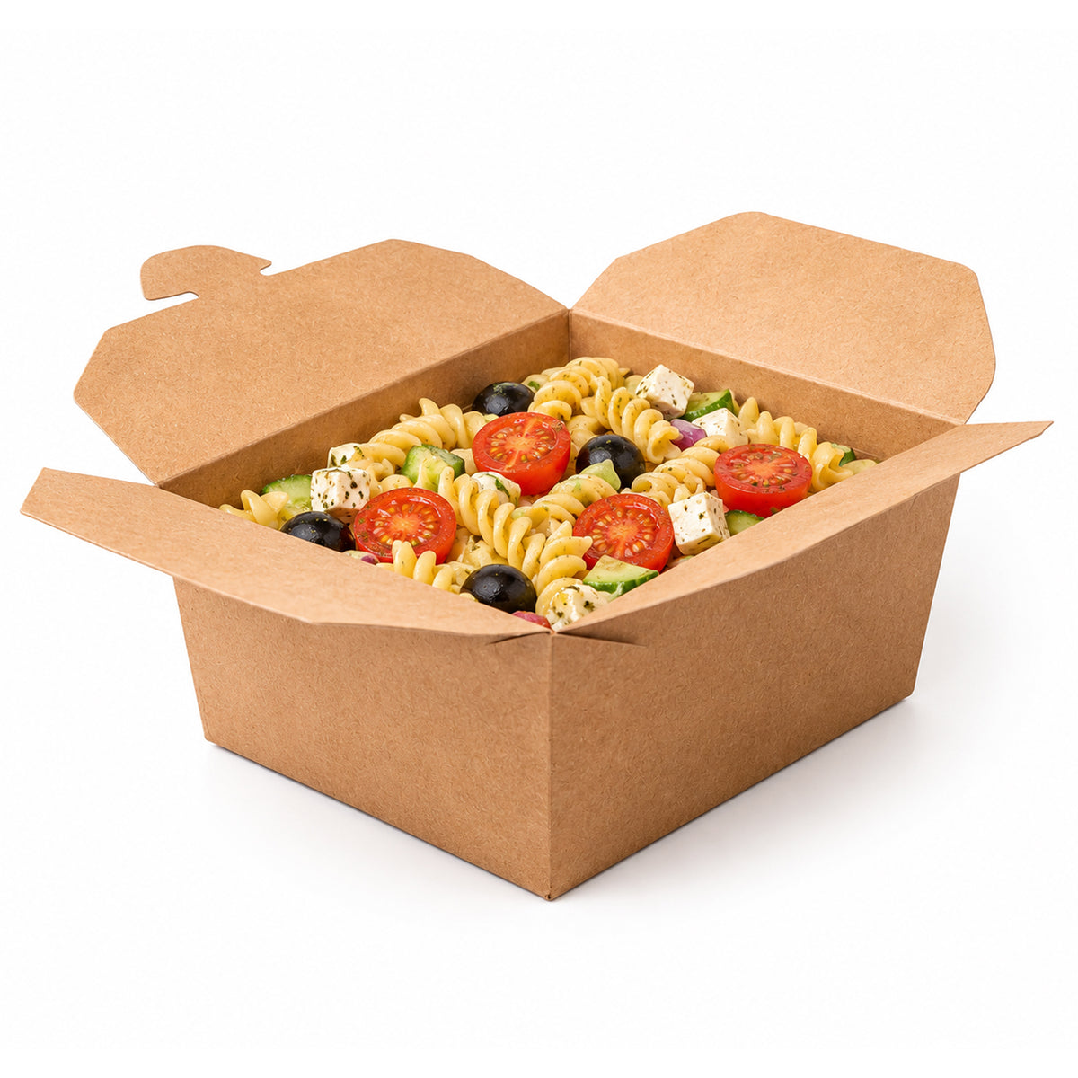 A takeout box filled with rotini pasta, cherry tomatoes, black olives, and chopped vegetables.