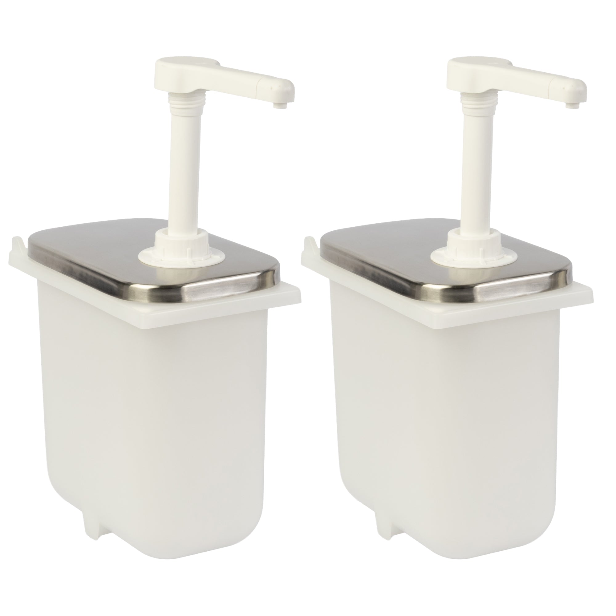 A pair of white dispensers with a silver pump top.