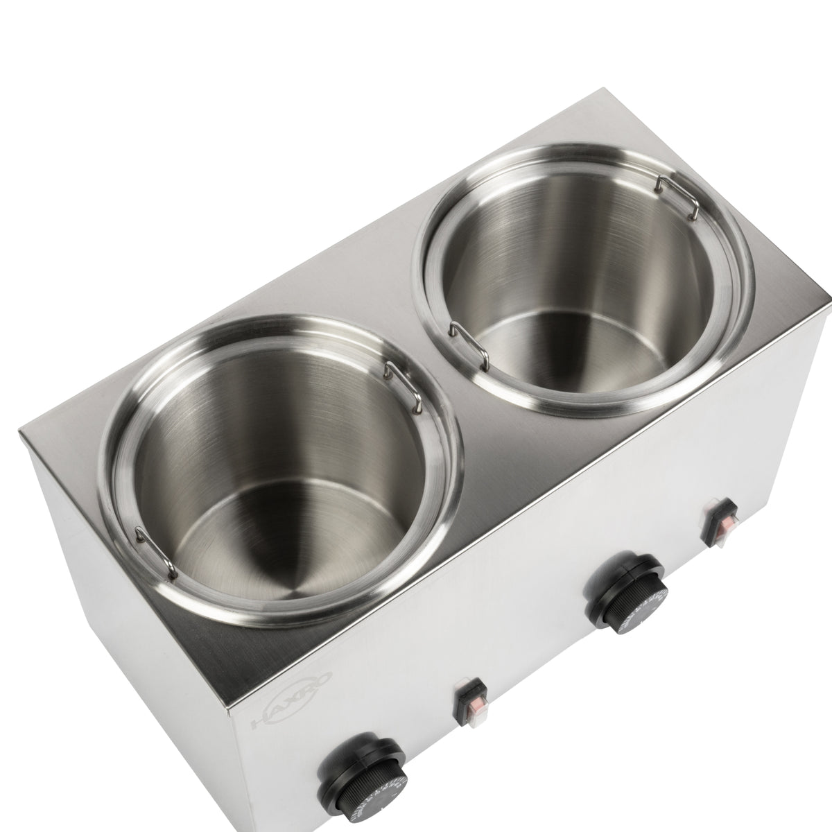 A stainless steel double boiler with two round pots and adjustable temperature knobs.