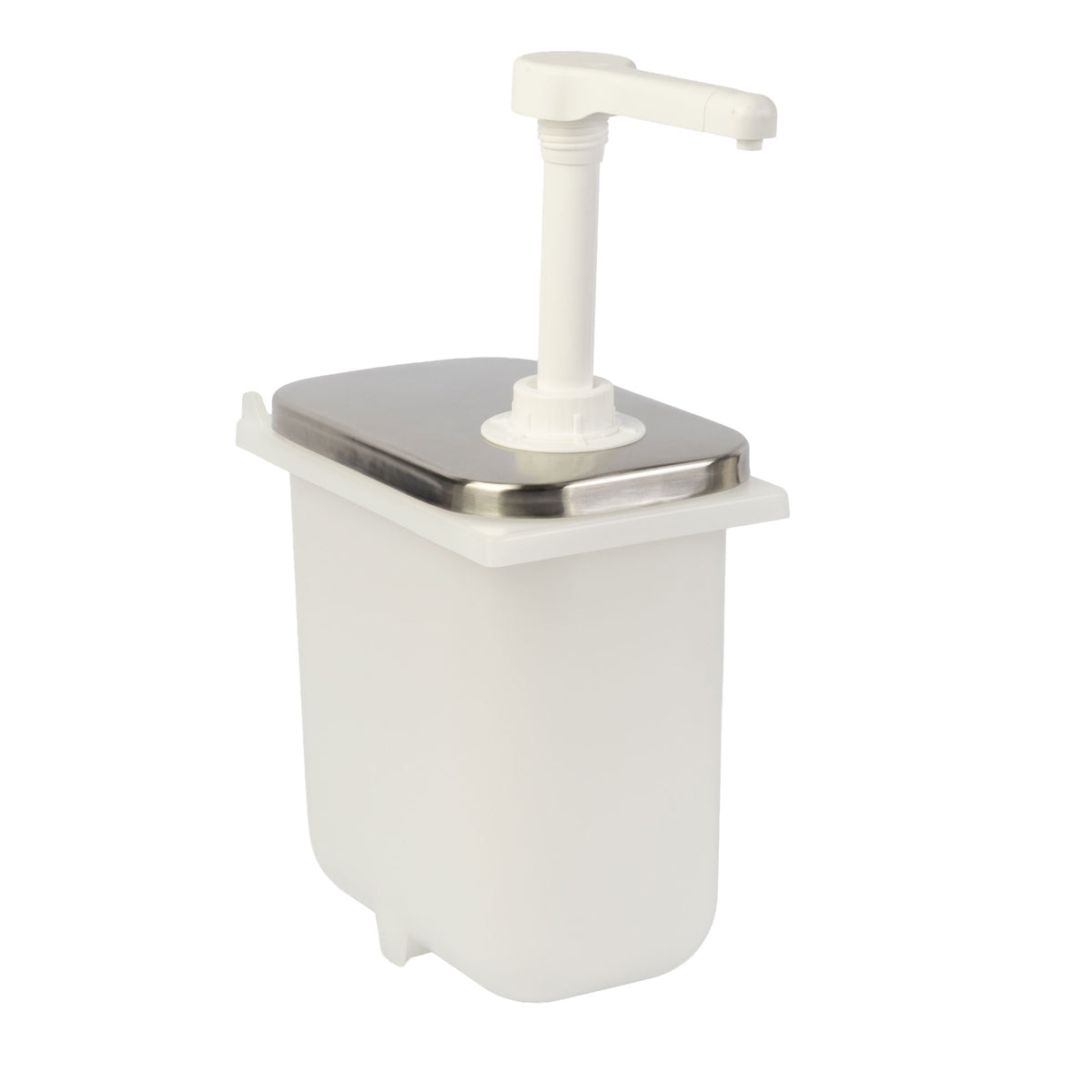 White condiment dispenser with a stainless steel lid and a pump handle.