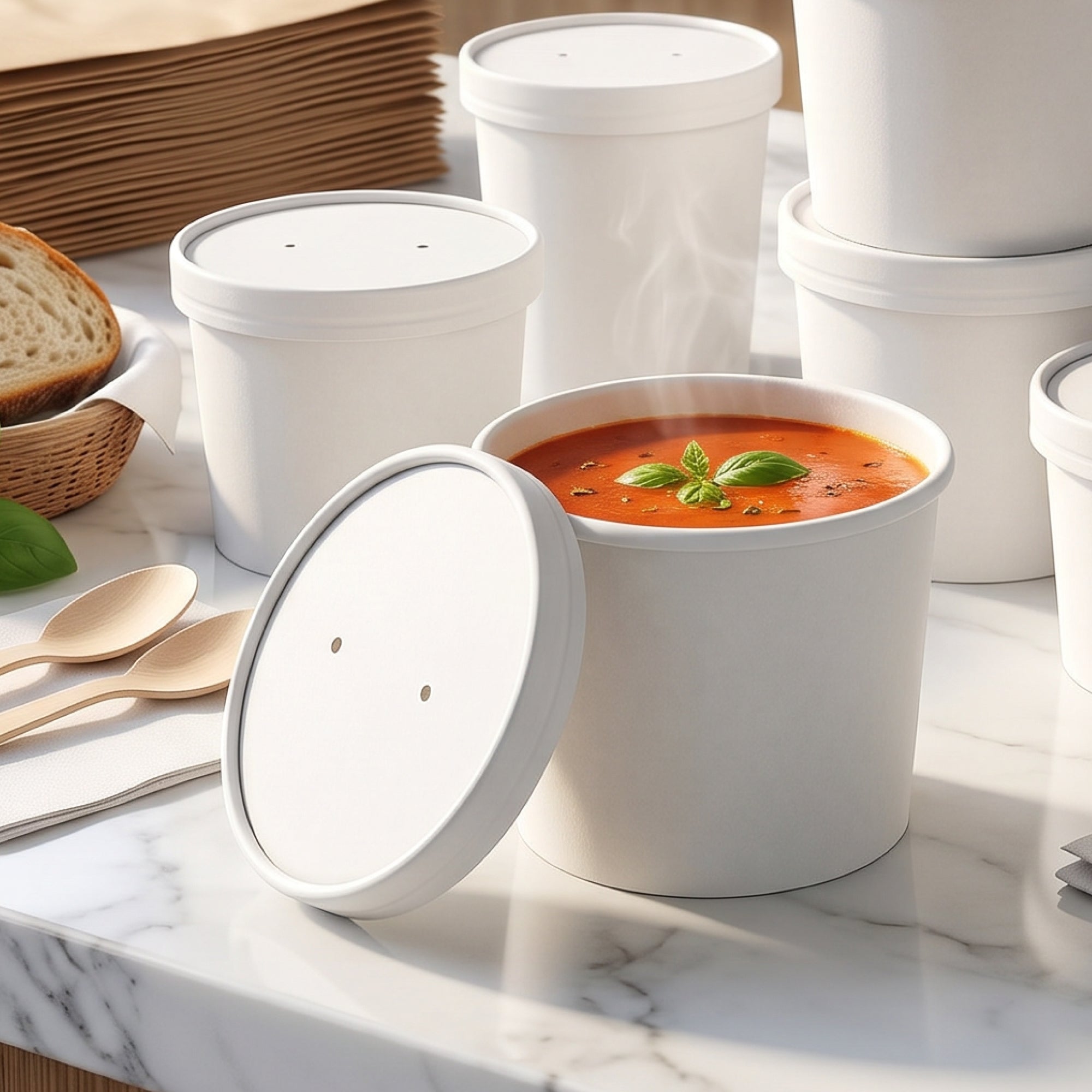 A container of soup with steam rising, surrounded by similar containers and slices of bread on a marble countertop.