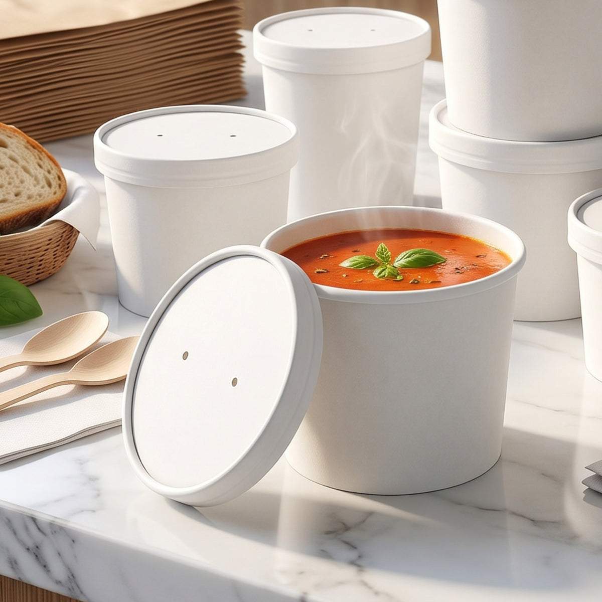 A container of soup with steam rising, surrounded by similar containers and slices of bread on a marble countertop.