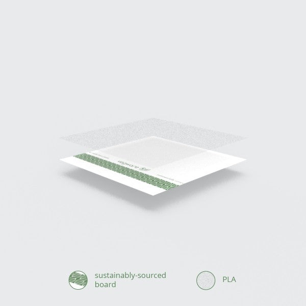 An image of a flat, white envelope made from sustainably-sourced board with a green pattern on the flap and a small label indicating "PLA".