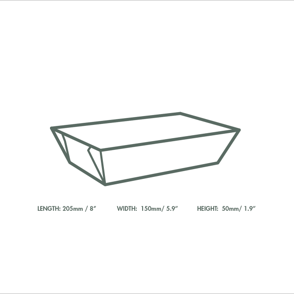 Outline of a rectangular container with dimensions on a white background