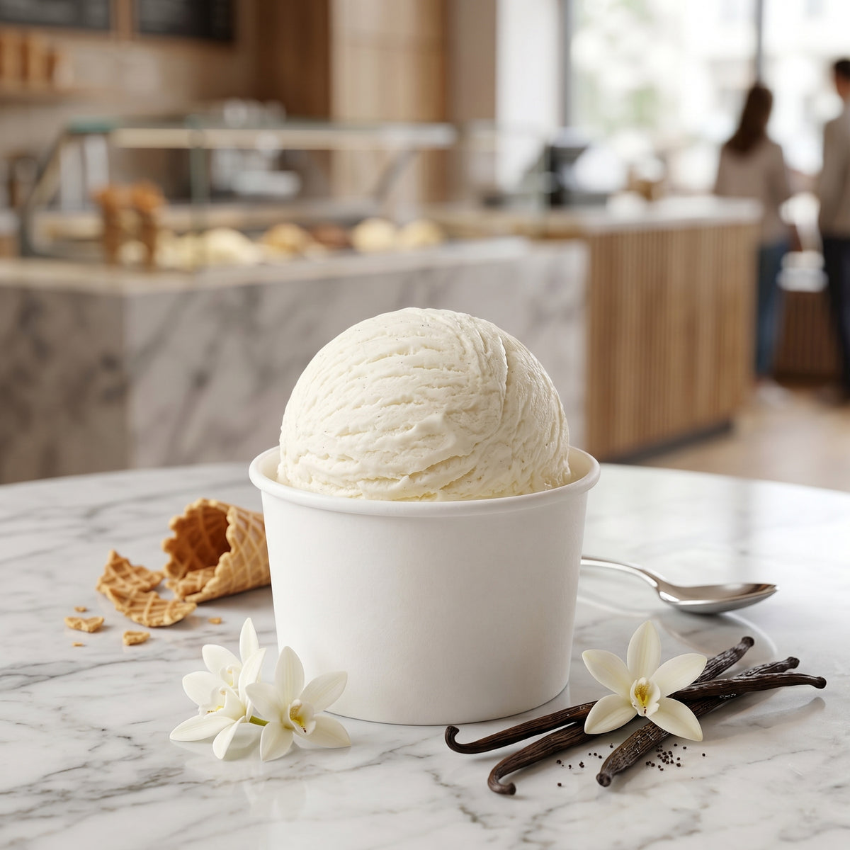 A cup of vanilla ice cream on a marble table, with a waffle cone and vanilla beans beside it, set in a cafe interior.