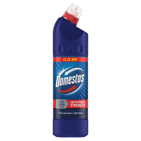 Domestos Thick Bleach Original bottle with dark blue body, red cap and price band, and blue patterned label advertising germ-killing cleaning strength.