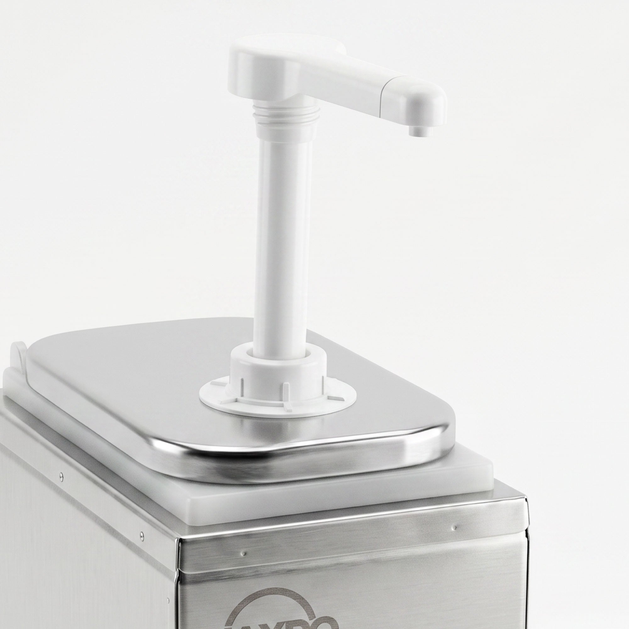 A metal container with a pump dispenser on top.