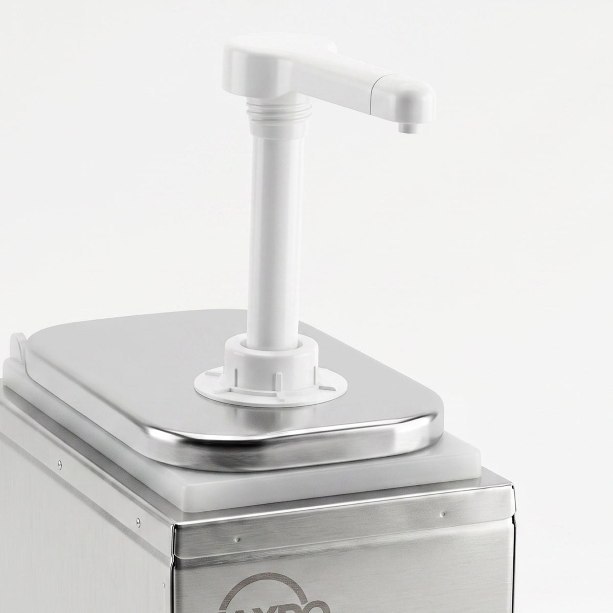 A metal container with a pump dispenser on top.