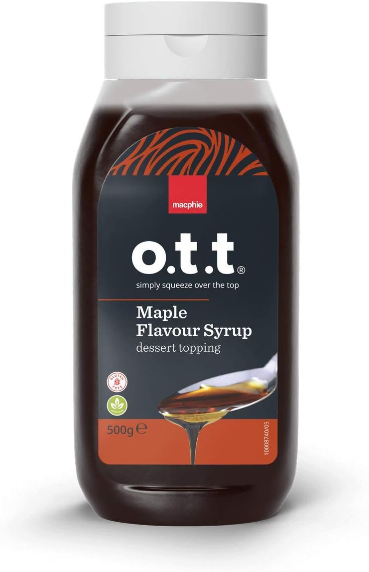 Bottle of o.t.t Maple Flavour Syrup in recyclable packaging, perfect for topping pancakes, desserts, and breakfast dishes.