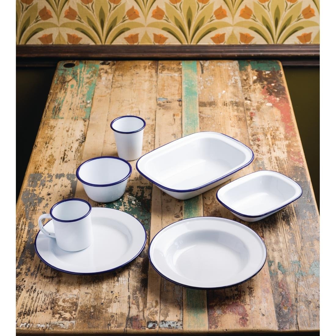 Olympia Enamel Sauce Cup White and Blue (Pack of 6)