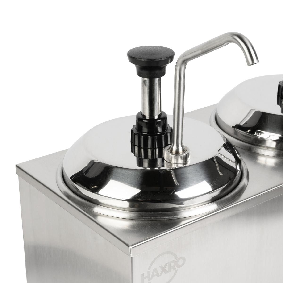 A stainless steel condiment dispenser with a pump and a spout.