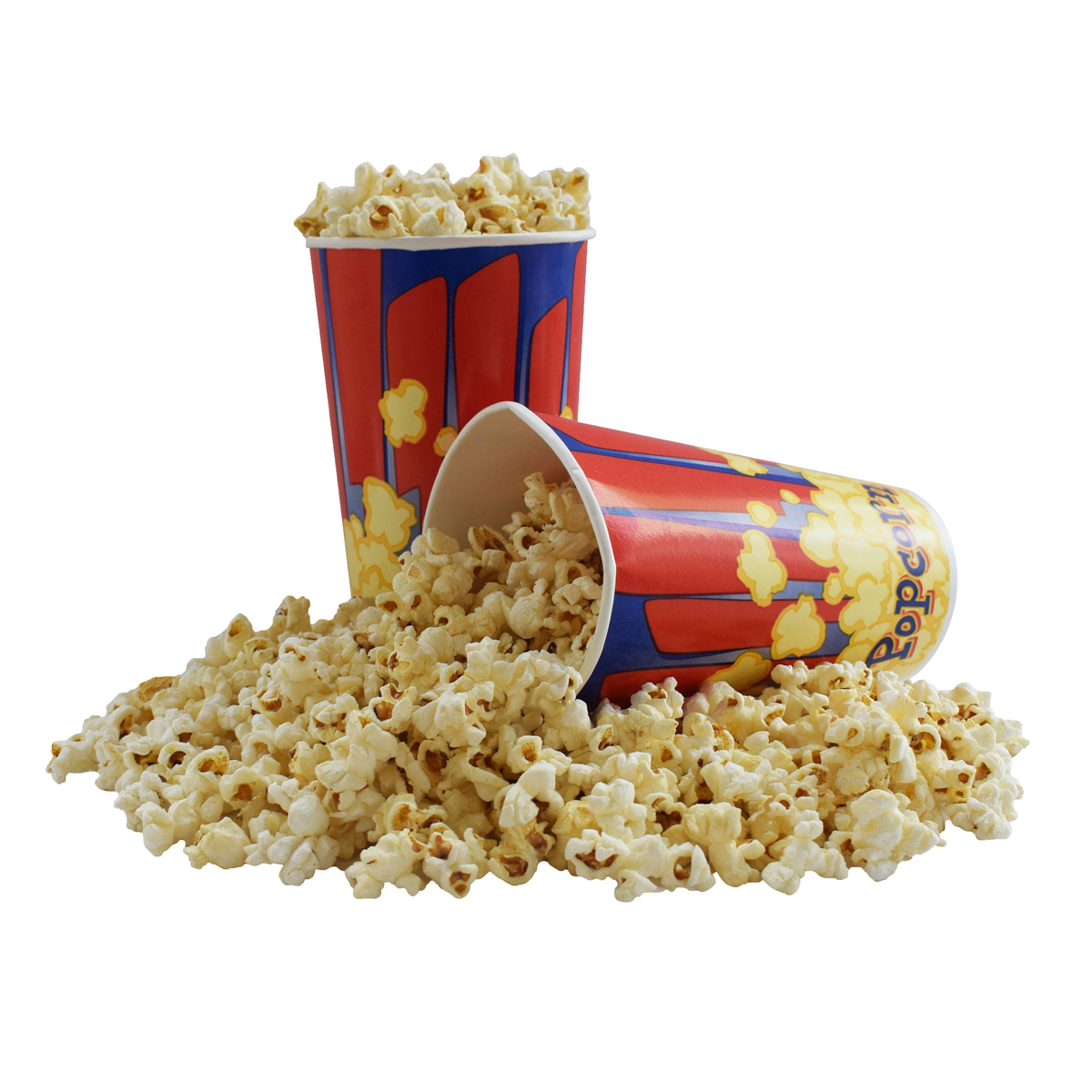 Two large striped popcorn cups spilling over with popcorns scattered around.