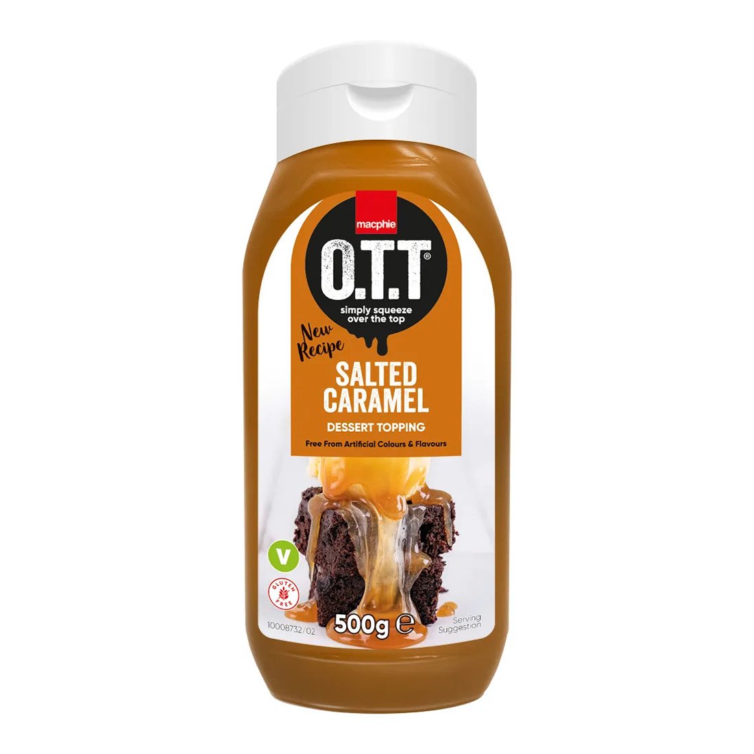 Macphie O.T.T Salted Caramel Dessert Topping 500g bottle indulgent salted caramel sauce for drizzling over brownies, cakes, and desserts.