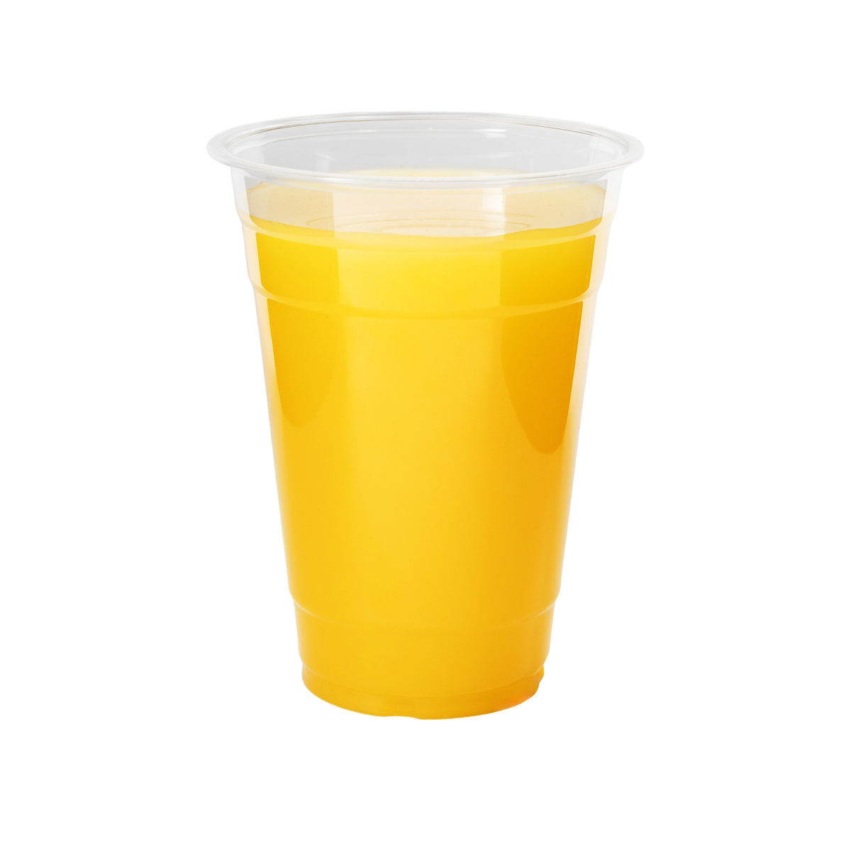 Transparent plastic cup filled with bright yellow-orange liquid, isolated on a white background. The image conveys a simple, clean, refreshing tone.