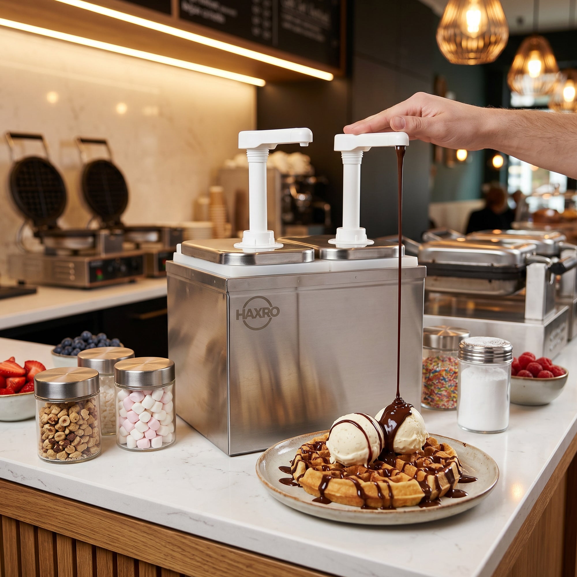 A dessert station featuring a stainless steel condiment dispenser, plates of waffles with ice cream and chocolate sauce, and jars filled with various toppings like fruits, nuts, and sprinkles.