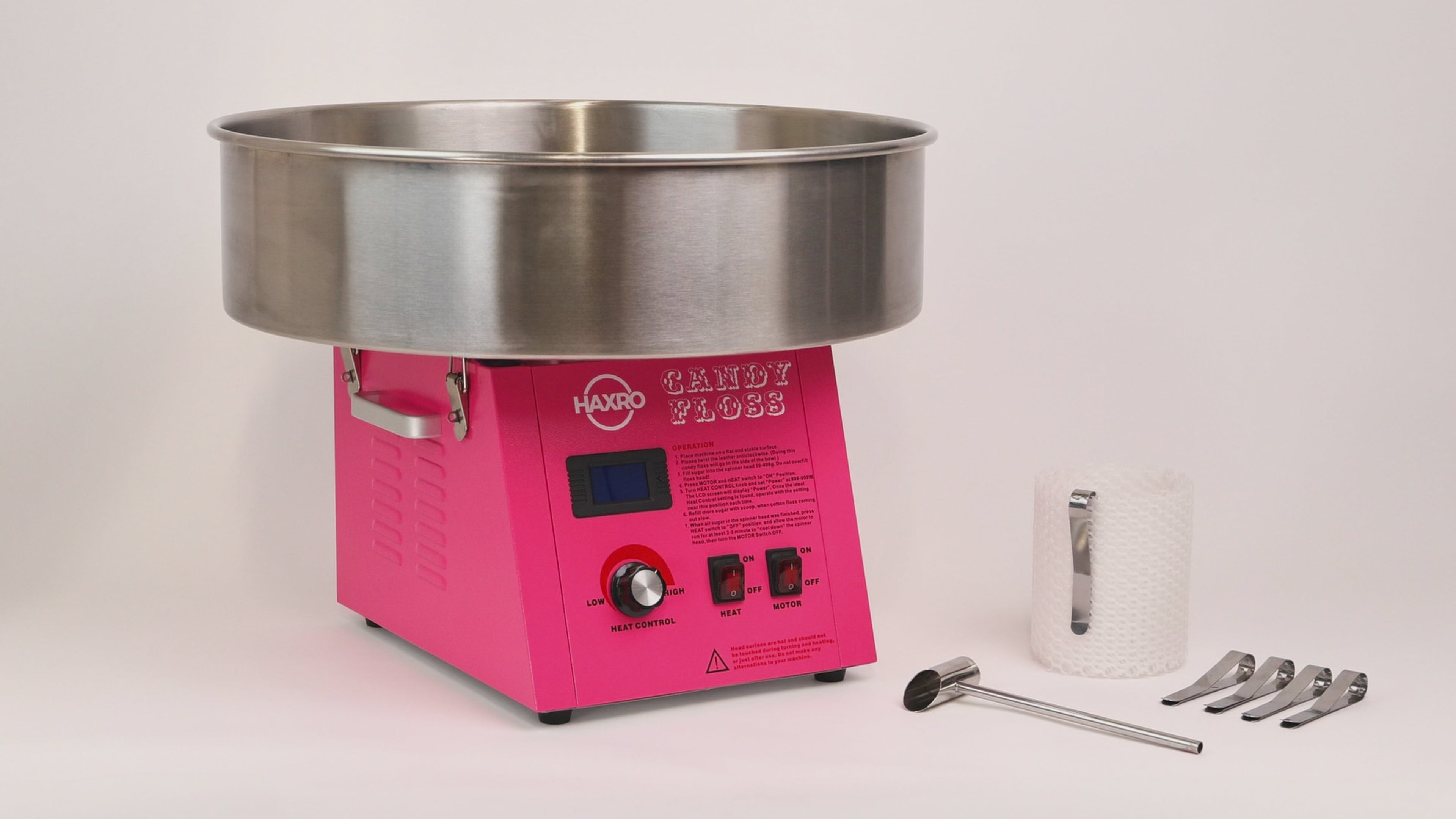 HAXRO Economy Starter P3 Candy Floss Machine with stainless steel bowl and digital LCD display. Designed for parties and small events, it features a high-capacity 400g spinner head, sturdy metal build, and simple professional controls.