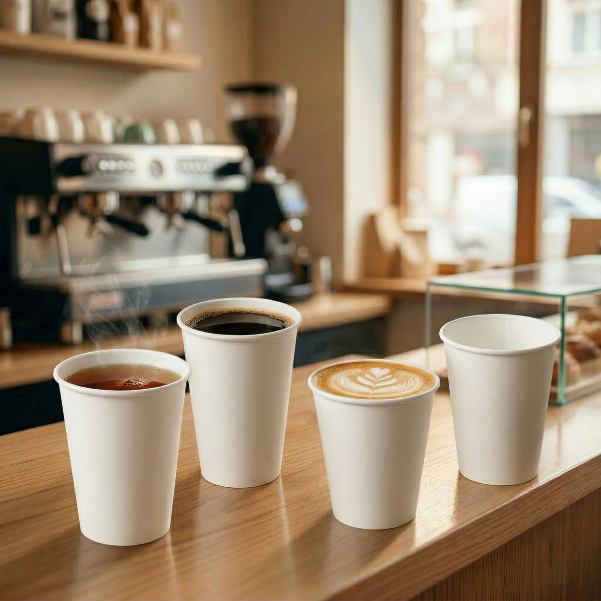 Four paper cups on a wooden café counter: steaming tea, black coffee, latte with foam art, and an empty cup. Coffee machine and window in the background. Cozy ambiance.