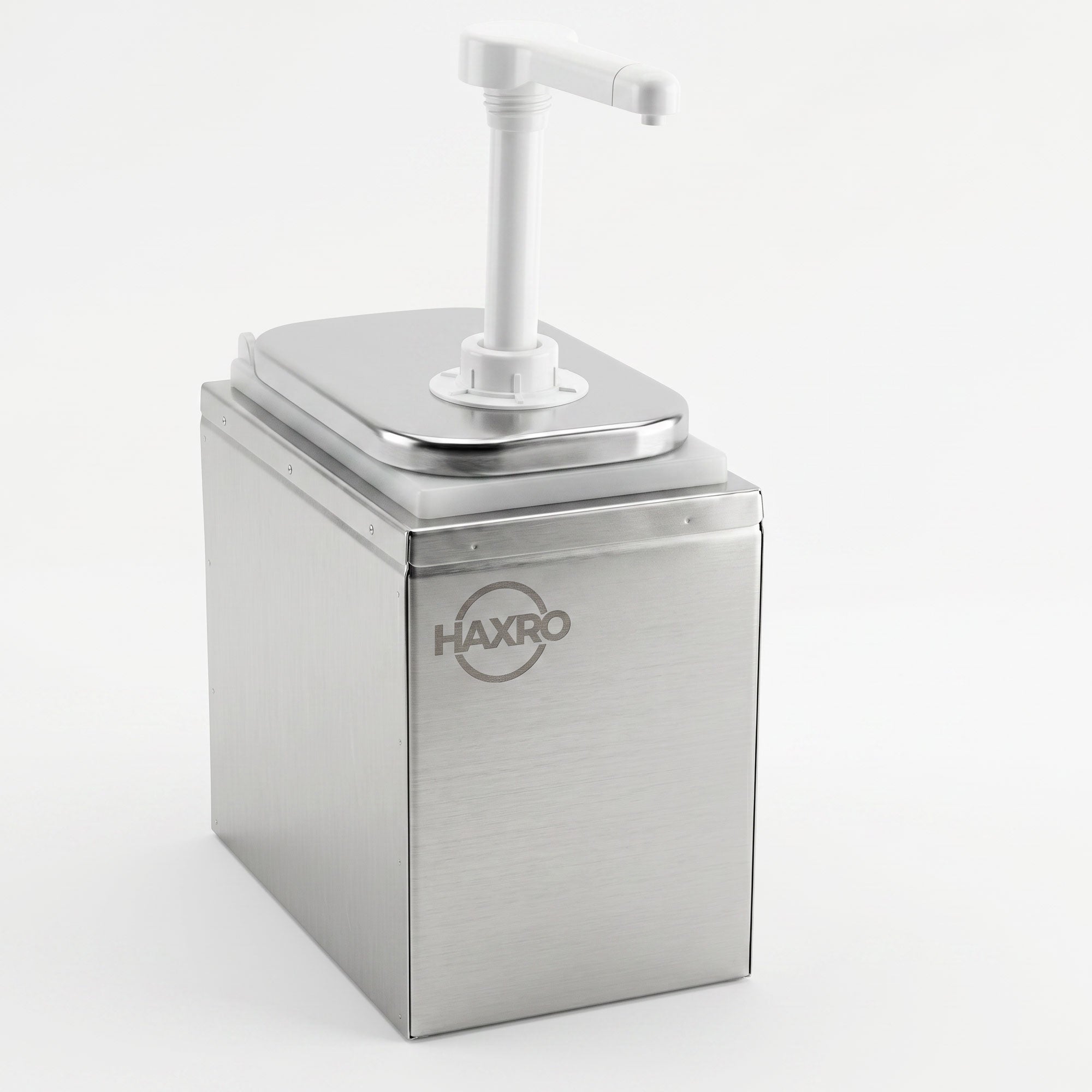 Stainless steel condiment dispenser with a pump on top.