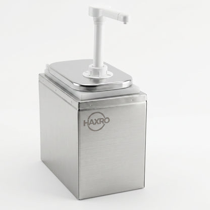 Stainless steel condiment dispenser with a pump on top.