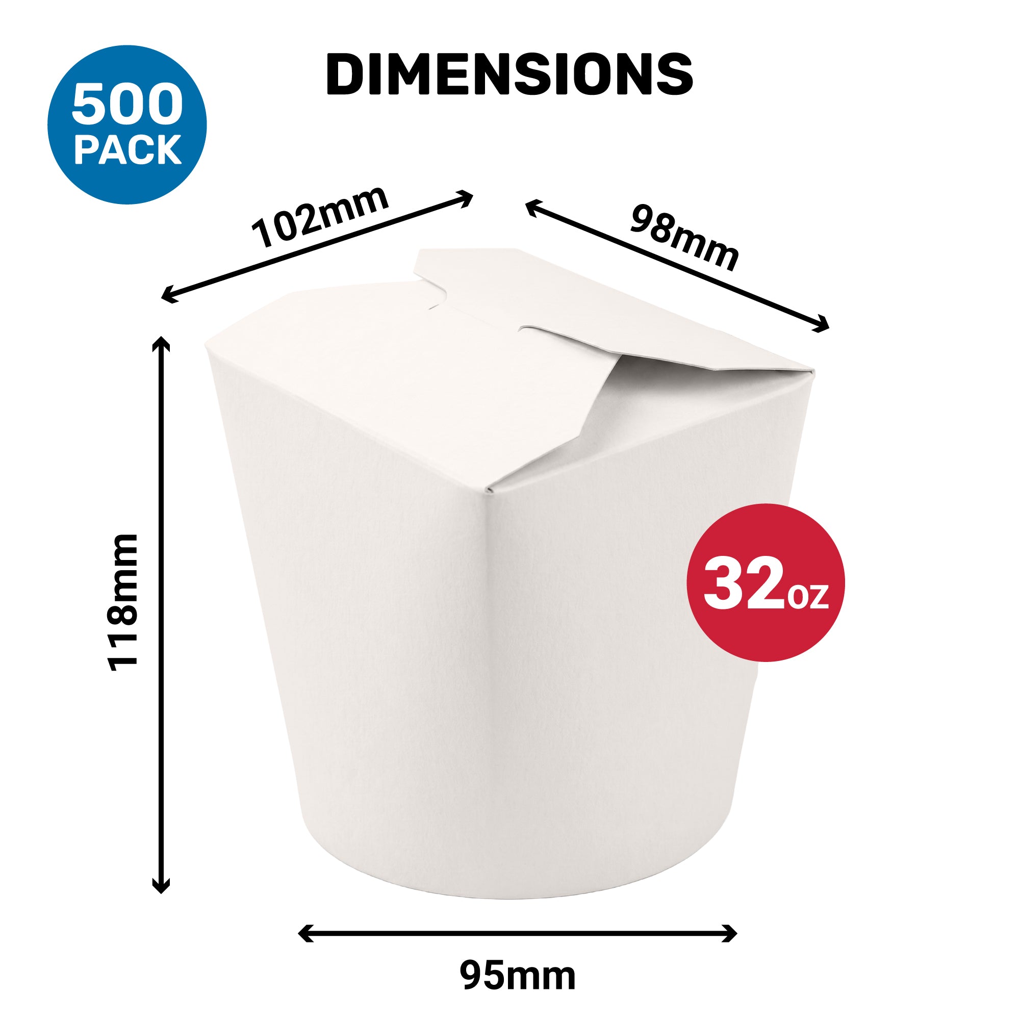 Dimensions of a white takeout container, featuring measurements: 118mm (height), 102mm (width), and 98mm (base), labeled as 32 oz and indicating a pack of 500.