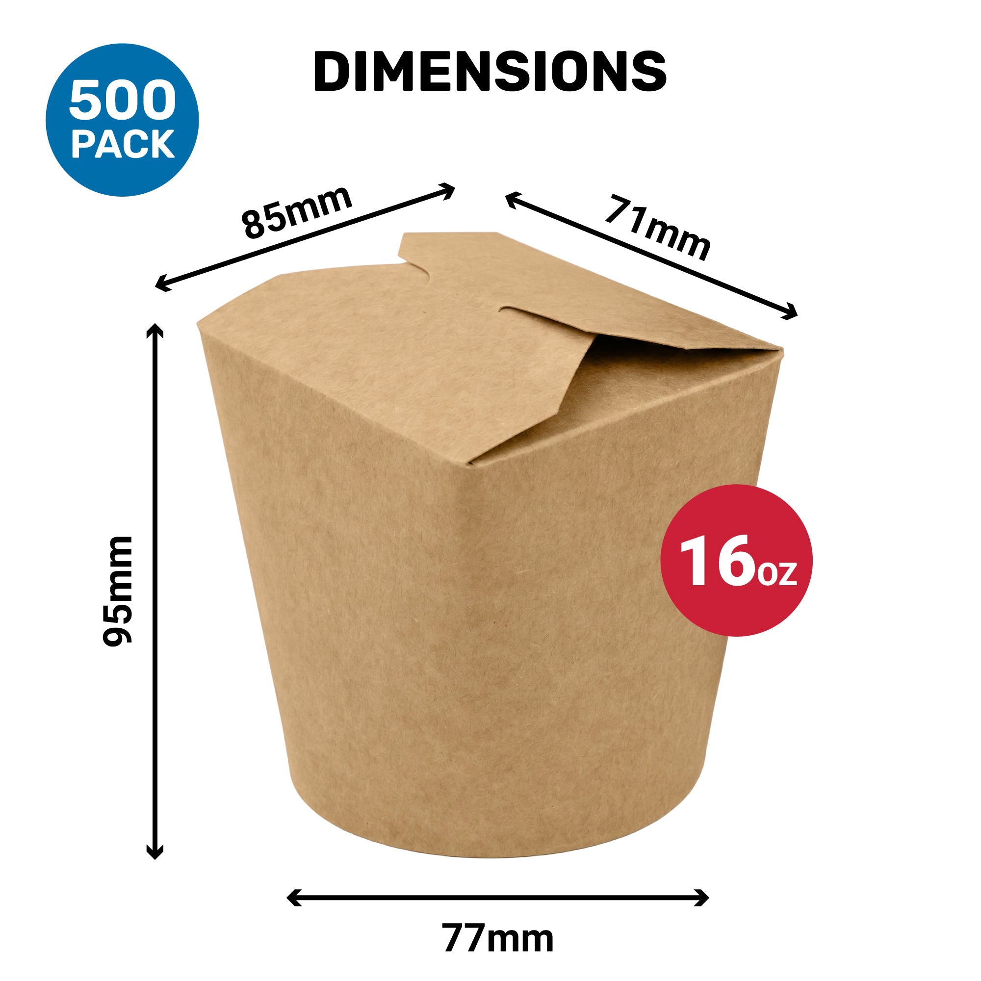 Dimensions of a cardboard container, labeled "16oz," with measurements of 85mm, 71mm, 95mm, and 77mm, and noting a quantity of 500 pack.