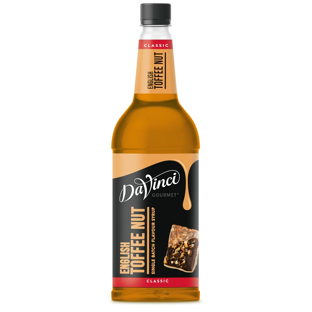 A bottle of DaVinci Gourmet English Toffee Nut classic syrup, filled with amber liquid and topped with a black cap; the label shows toffee and nuts, evoking a rich, indulgent flavor.
