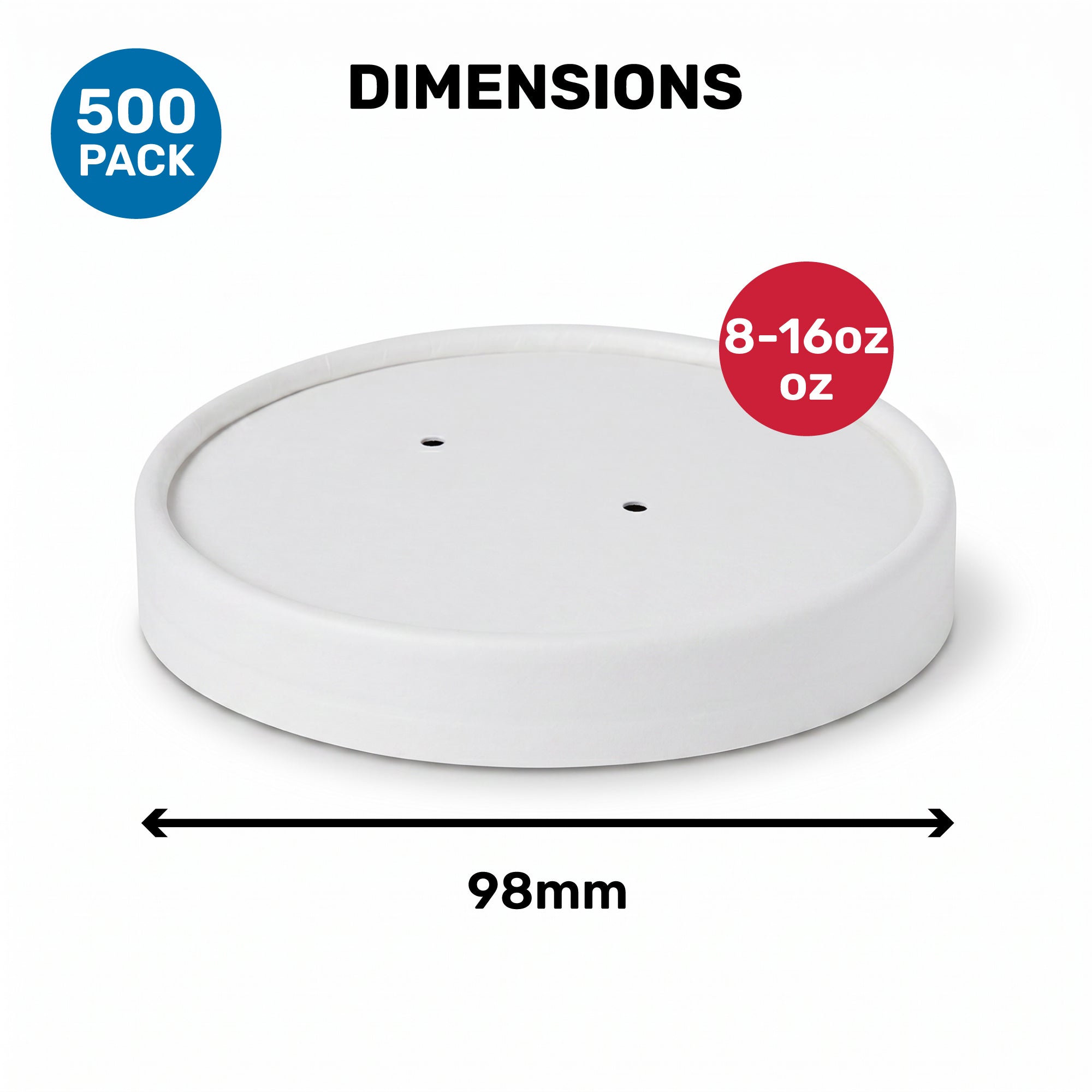 Dimensions of a round white lid for 8-16 oz cups, with a diameter of 98mm, packaged in a 500 pack.
