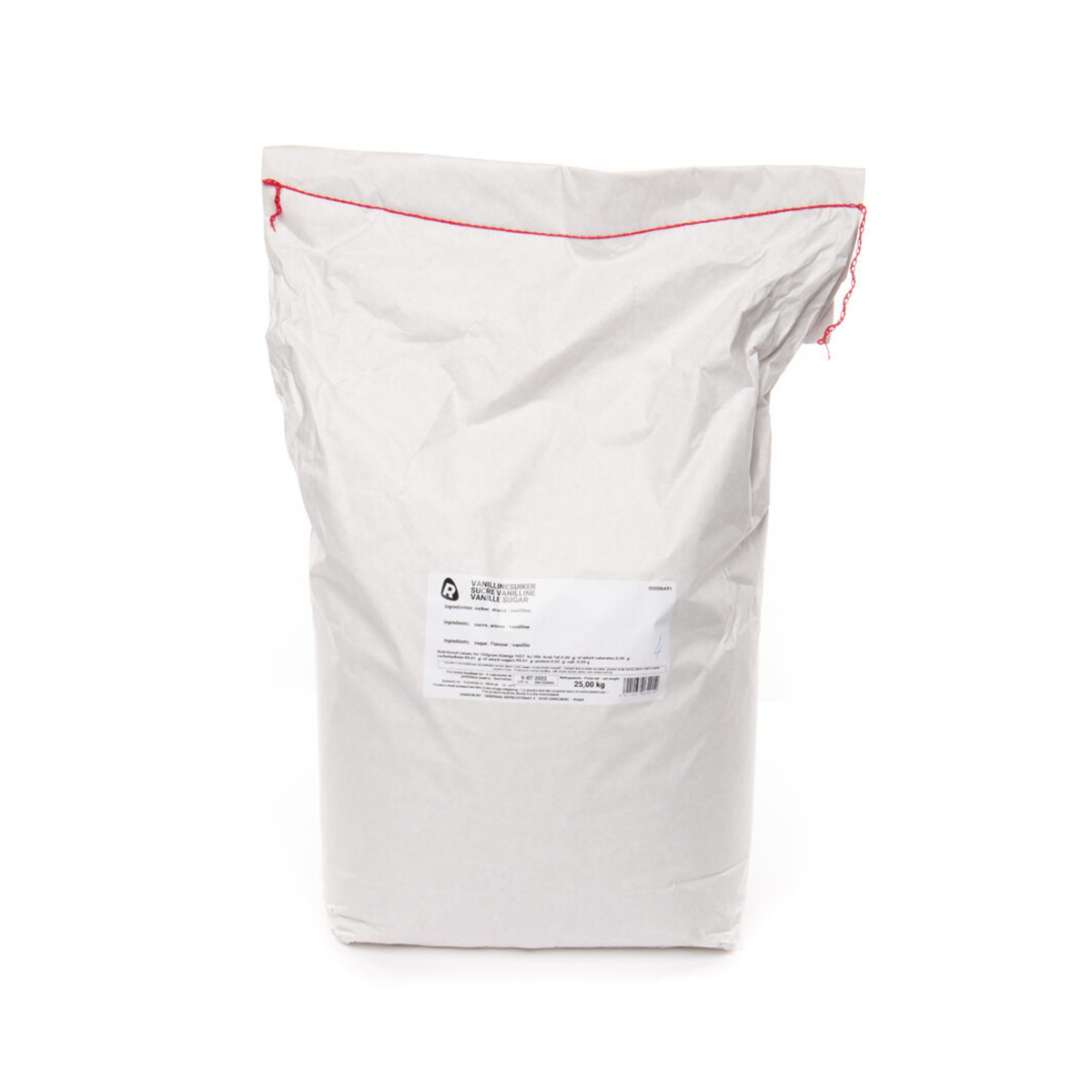White paper bag with a red stitched seal, featuring a label displaying text and a barcode. The bag is upright against a plain white background.