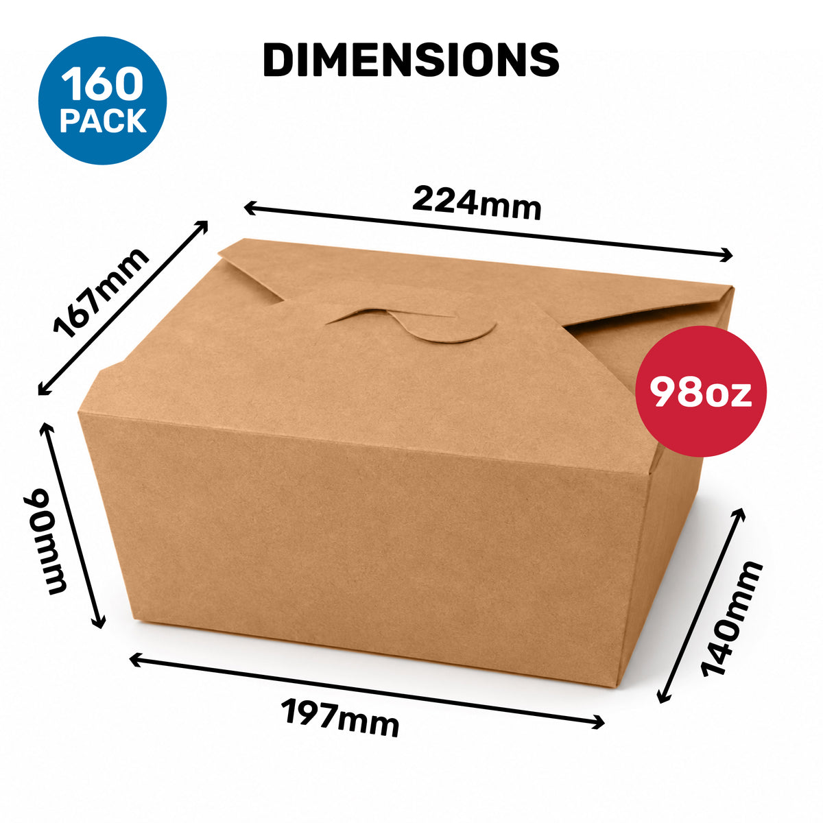Dimensions of a brown cardboard box with labeled measurements: 224mm (length), 167mm (width), 90mm (height) and a capacity of 98 oz. It is presented as part of a 160 pack.