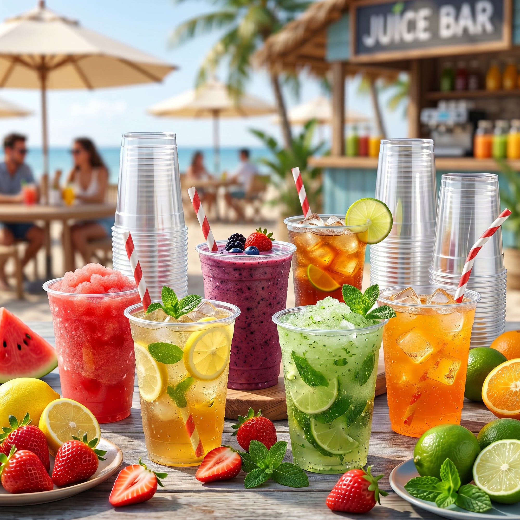 A variety of colorful drinks in clear cups, surrounded by fresh fruit, with a juice bar in the background.