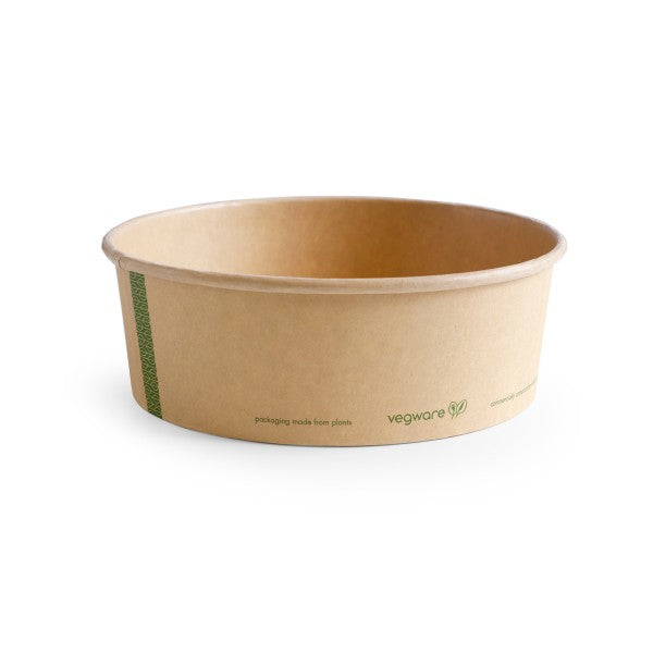 A round, biodegradable food container made from kraft paper with a green stripe and the Vegware logo.