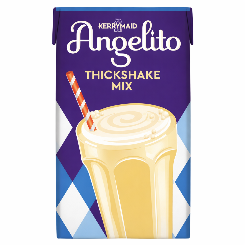 Kerrymaid Angelito Thickshake Mix carton in purple and blue, featuring a creamy vanilla milkshake illustration with a striped straw.