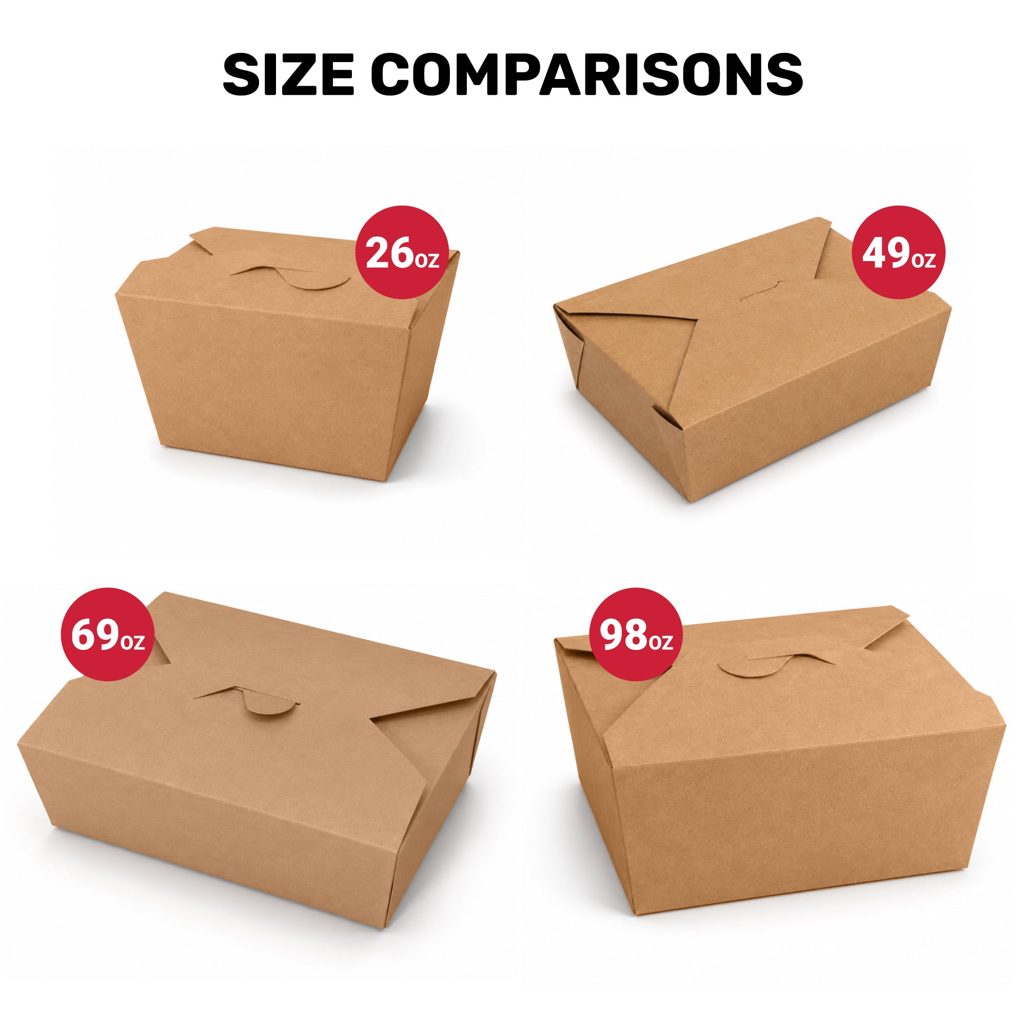Size comparisons of four boxes: 26 oz, 49 oz, 69 oz, and 98 oz.