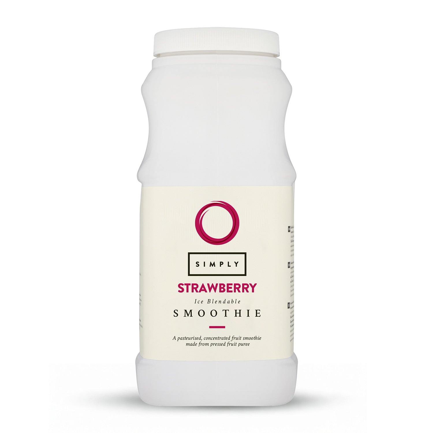 A bottle of Simply Strawberry smoothie, featuring a white label with a logo and nutritional information.