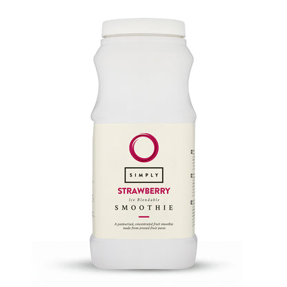 A bottle of Simply Strawberry smoothie, featuring a white label with a logo and nutritional information.