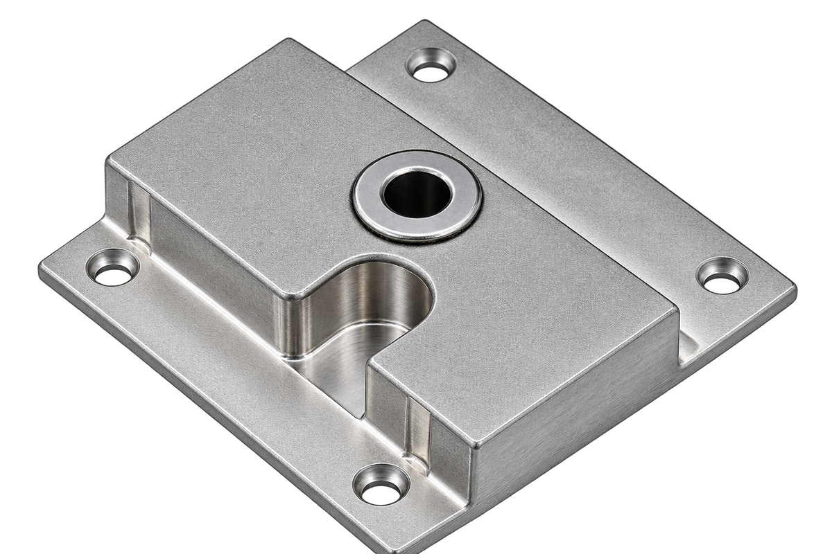 Gold Medal gear block assembly machine replacement part, silver metal component shown on a black background