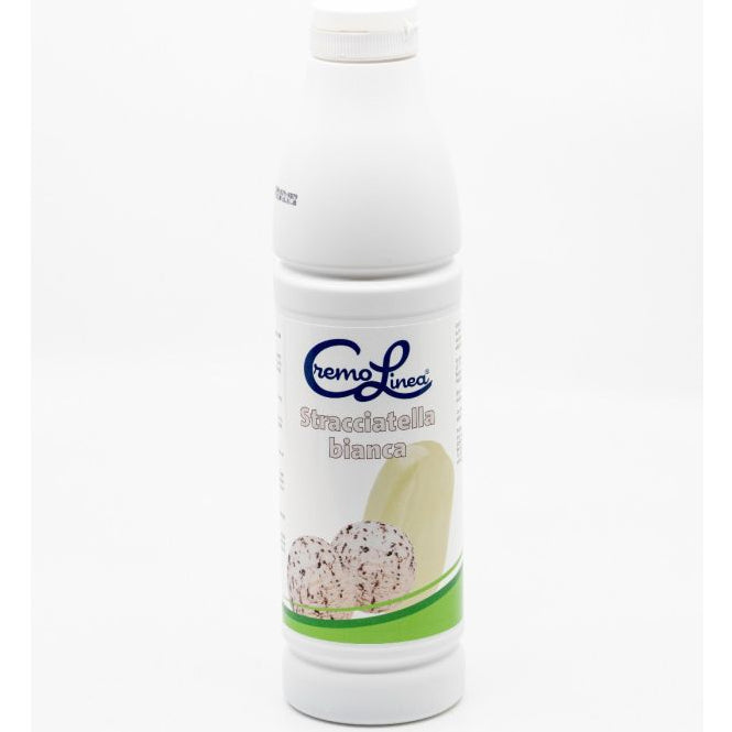 0.8kg bottle of Stracciatella Bianca Coating, a creamy white chocolate coating with fine chocolate flakes, used for ice cream toppings and frozen dessert decoration.
