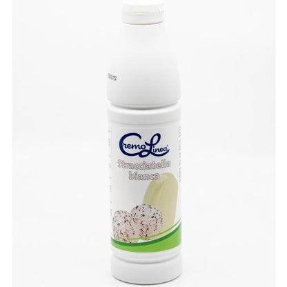 0.8kg bottle of Stracciatella Bianca Coating, a creamy white chocolate coating with fine chocolate flakes, used for ice cream toppings and frozen dessert decoration.