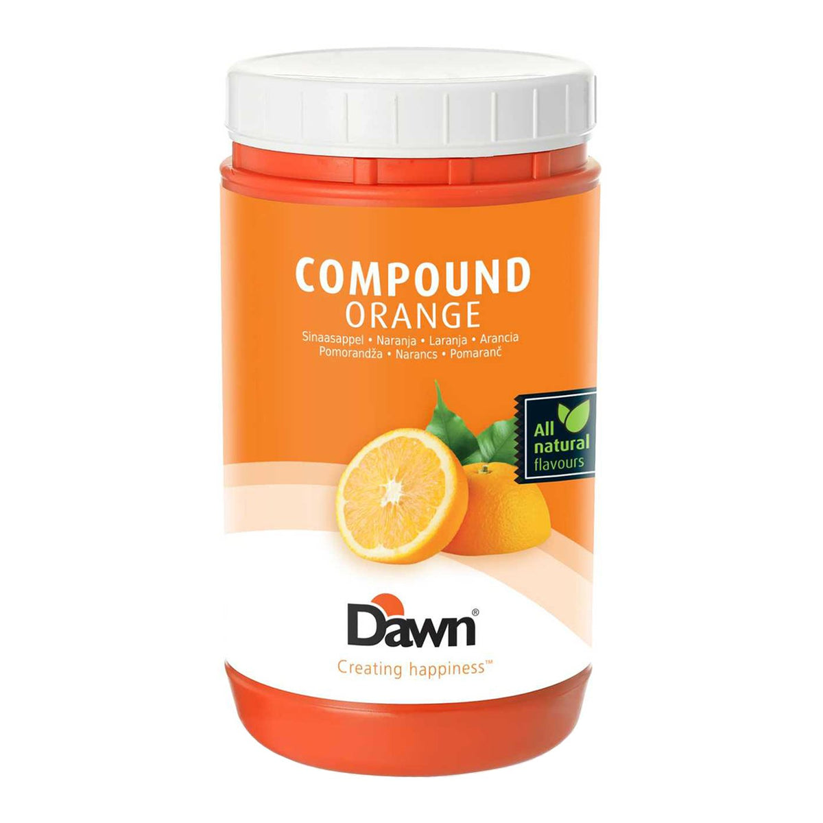 A white-lidded tub of Dawn compound orange ice cream mix, with oranges and an “All natural flavours” label on its bright orange packaging; cheerful, fresh presentation.