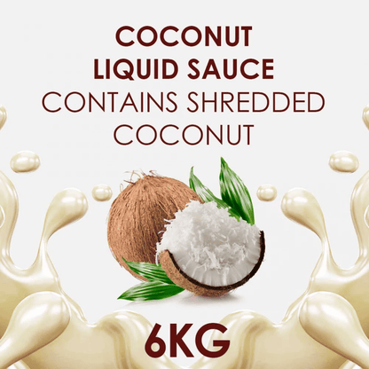 Coconut Liquid Sauce ad showing a whole and cracked coconut with shredded coconut inside. Text reads "Contains Shredded Coconut" and "6KG." Creamy splash effect.