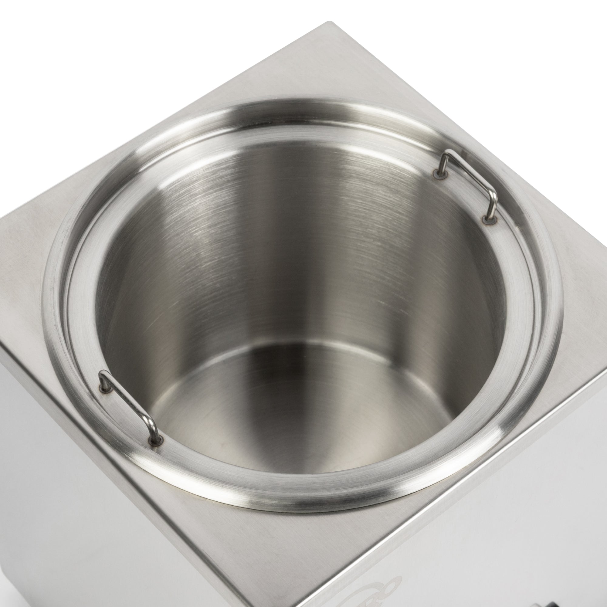 A stainless steel container with a rounded opening and two hooks on the sides.