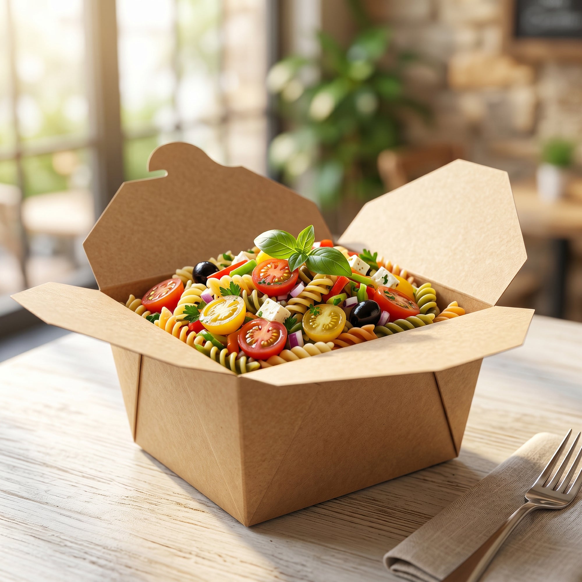 A takeout container filled with colorful pasta salad, featuring cherry tomatoes, black olives, and a sprig of basil, placed on a wooden table with a background of soft, natural lighting.