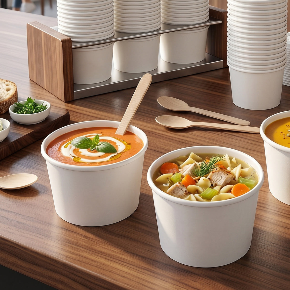 Two bowls of soup on a wooden table, one with tomato soup garnished with basil and the other with chicken noodle soup, alongside white disposable cups and small bowls of herbs and toppings.