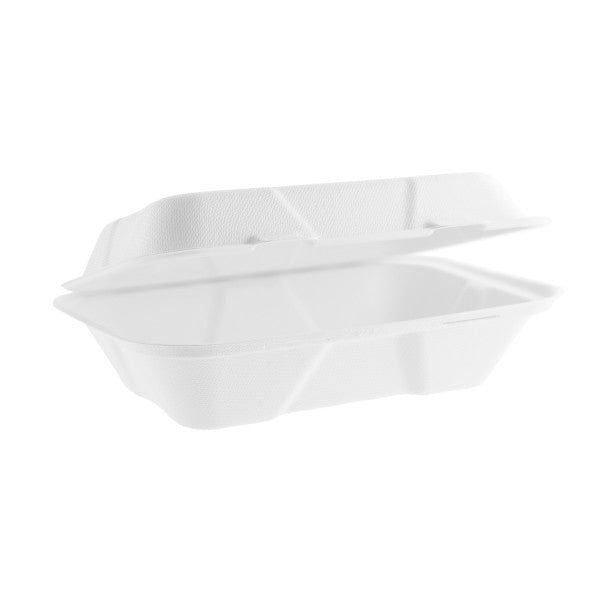 A white, foam takeout container with the lid slightly open.