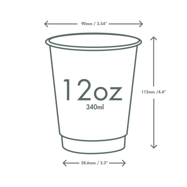 A diagram of a cup with dimensions labeled: 12 oz (340 ml), 90 mm (3.54") diameter at the top, 58.6 mm (2.3") diameter at the bottom, and 112 mm (4.4") height.
