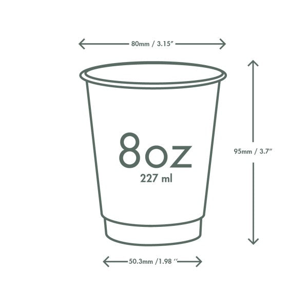 An illustration of an 8oz cup with dimensions labeled: 80mm (3.15 inches) in width, 95mm (3.7 inches) in height, and 50.3mm (1.98 inches) in bottom diameter.