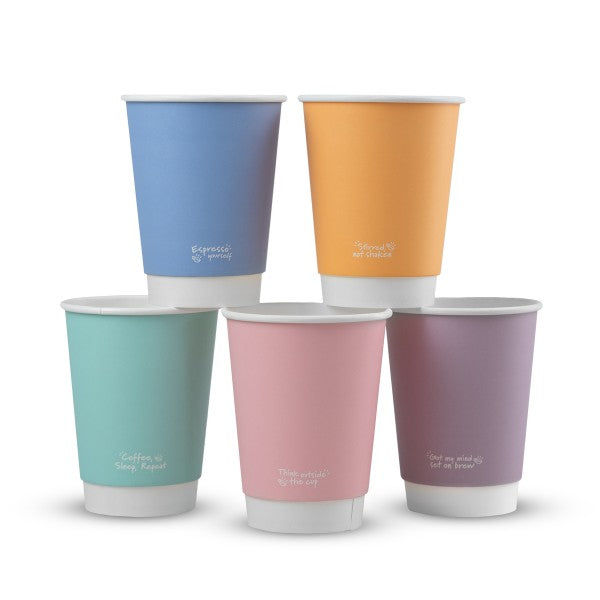 Set of five colorful paper cups on a white background