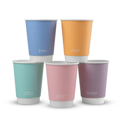 Set of five colorful paper cups on a white background