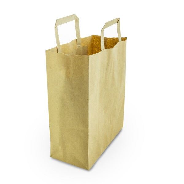 A plain kraft paper shopping bag with two handles.