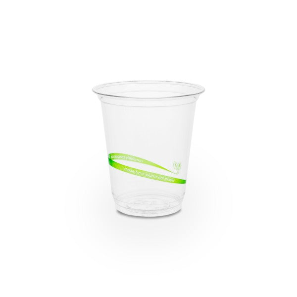 A clear plastic cup with a green wave design.